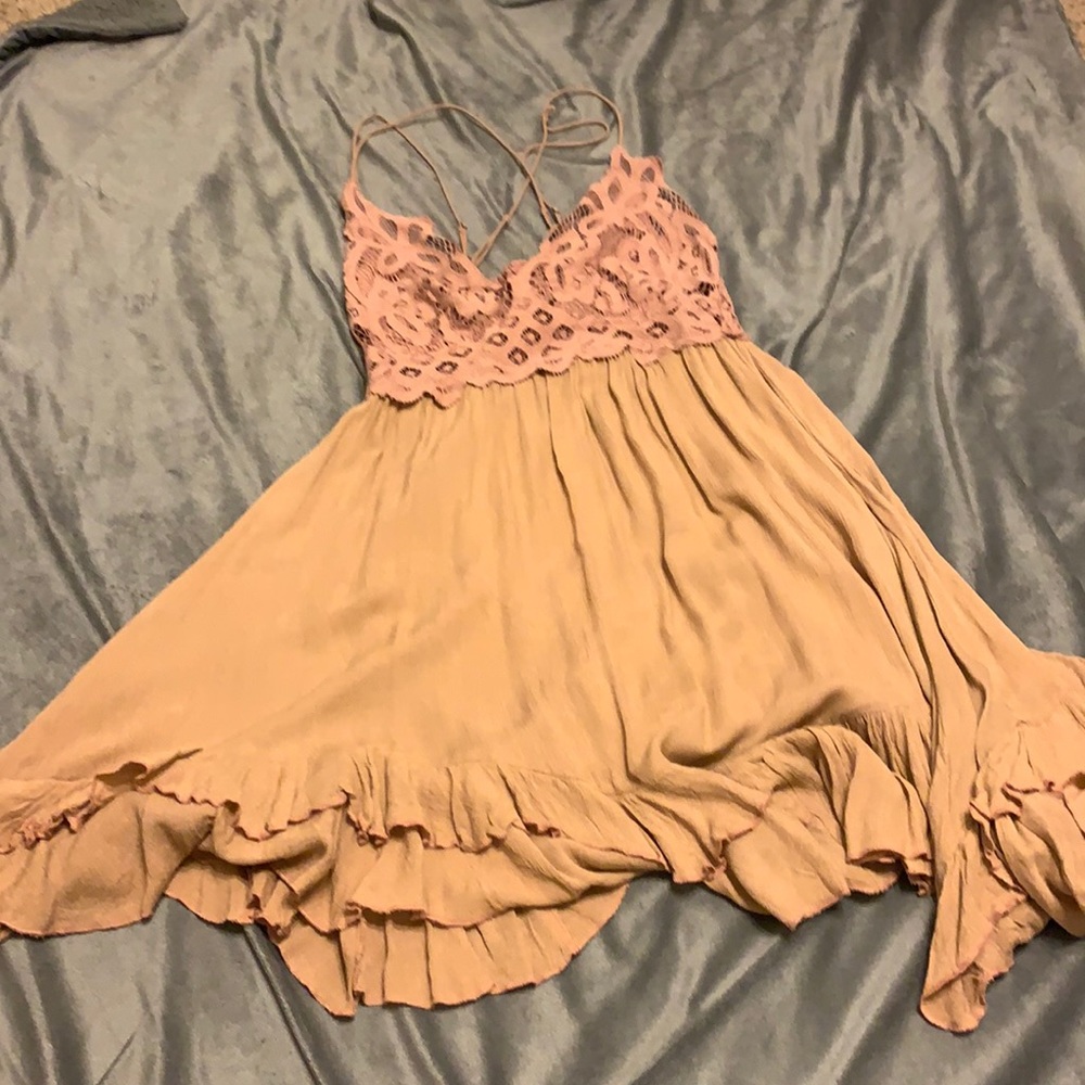 Free People. Rose dress, damaged strap, temp tied to other strap.